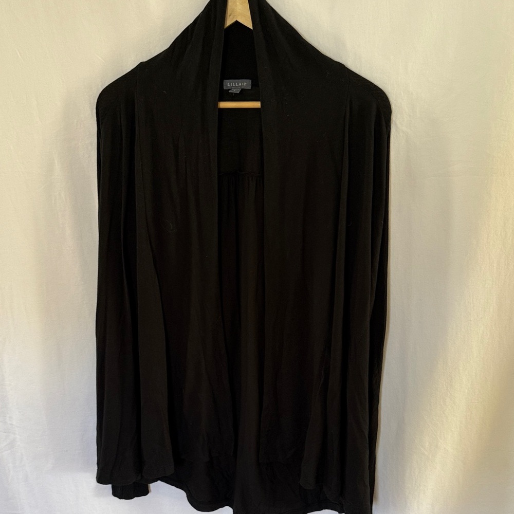 Lilla P Black Open Drape Cardigan. Super soft pima cotton blend